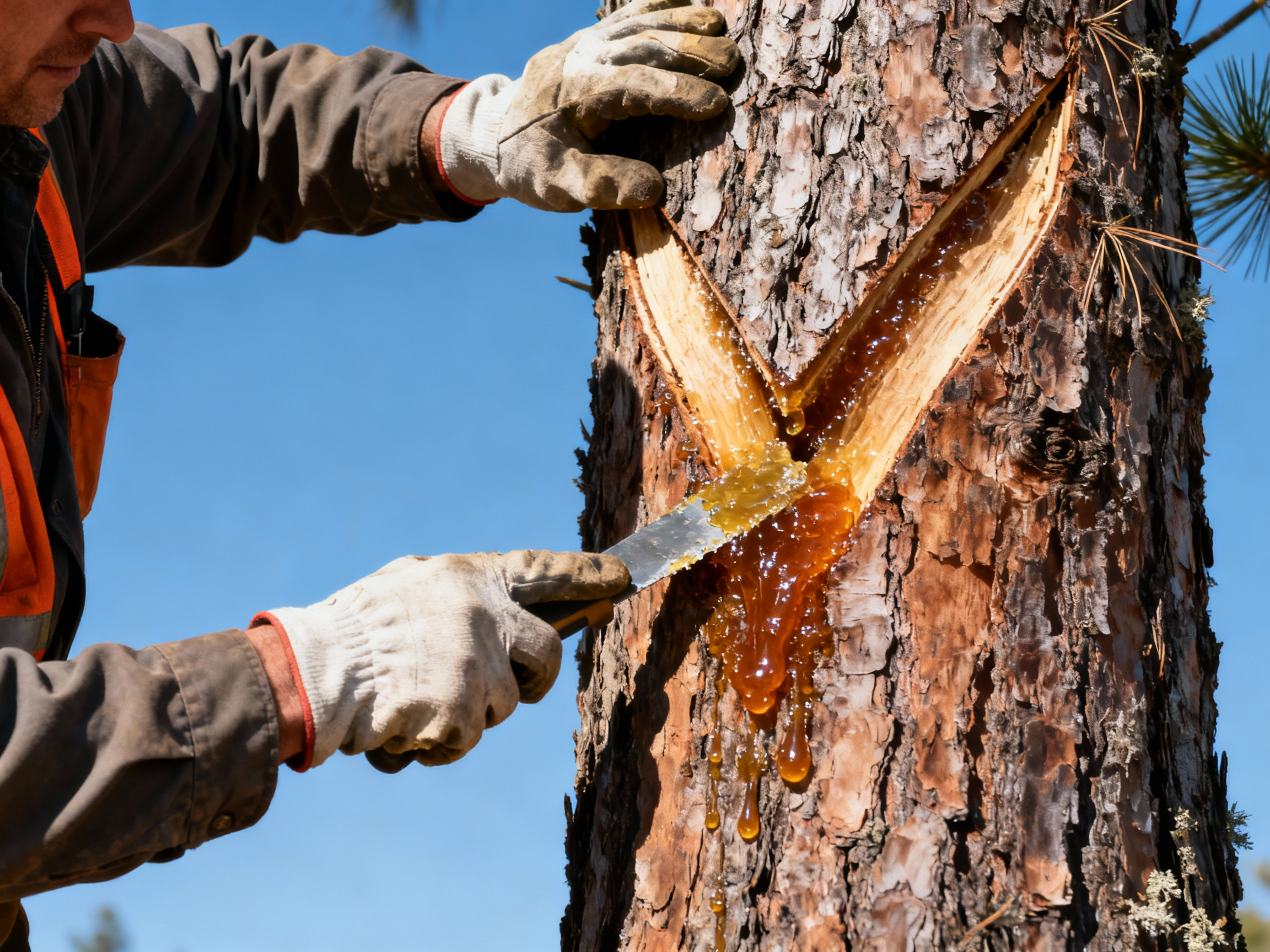 A worker harvests sticky pine resin from V-shaped cuts on a tree to produce pure gum spirit turpentine